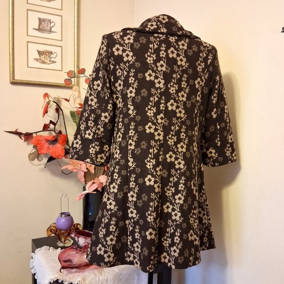 NEW Women’s Elegant Pea Coat Brown Cream Floral Lined Trench Coat ¾ Sleeve 12 L - Picture 6 of 10